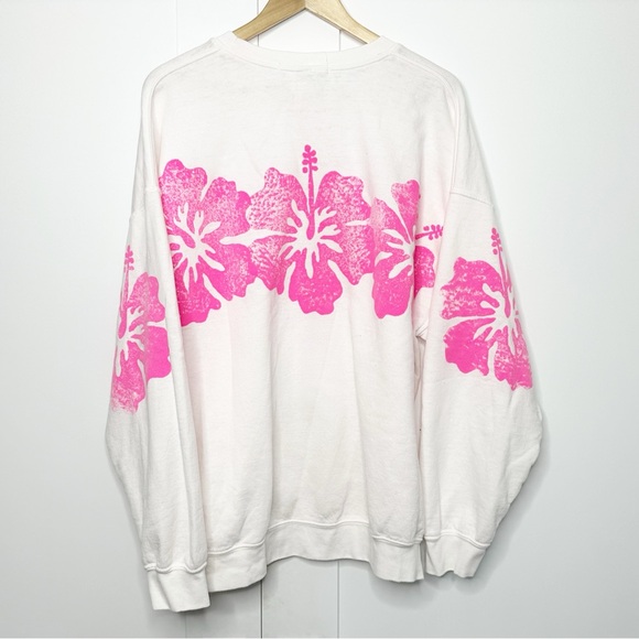 Free People x Tricia Fix Hibiscus Crew Sweatshirt Large hot pink floral Hawaiian - Picture 5 of 9
